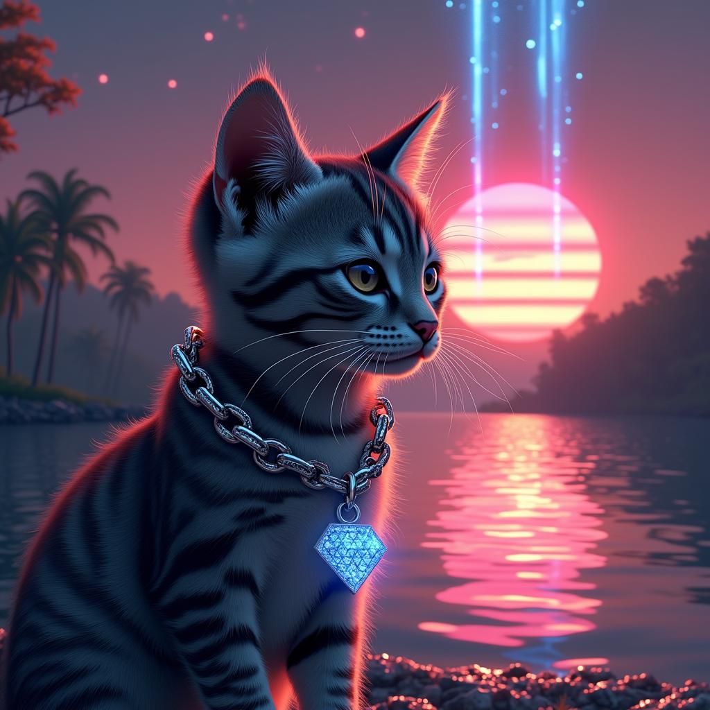 Cyberpunk Kitten Gazing at Sunset Lake