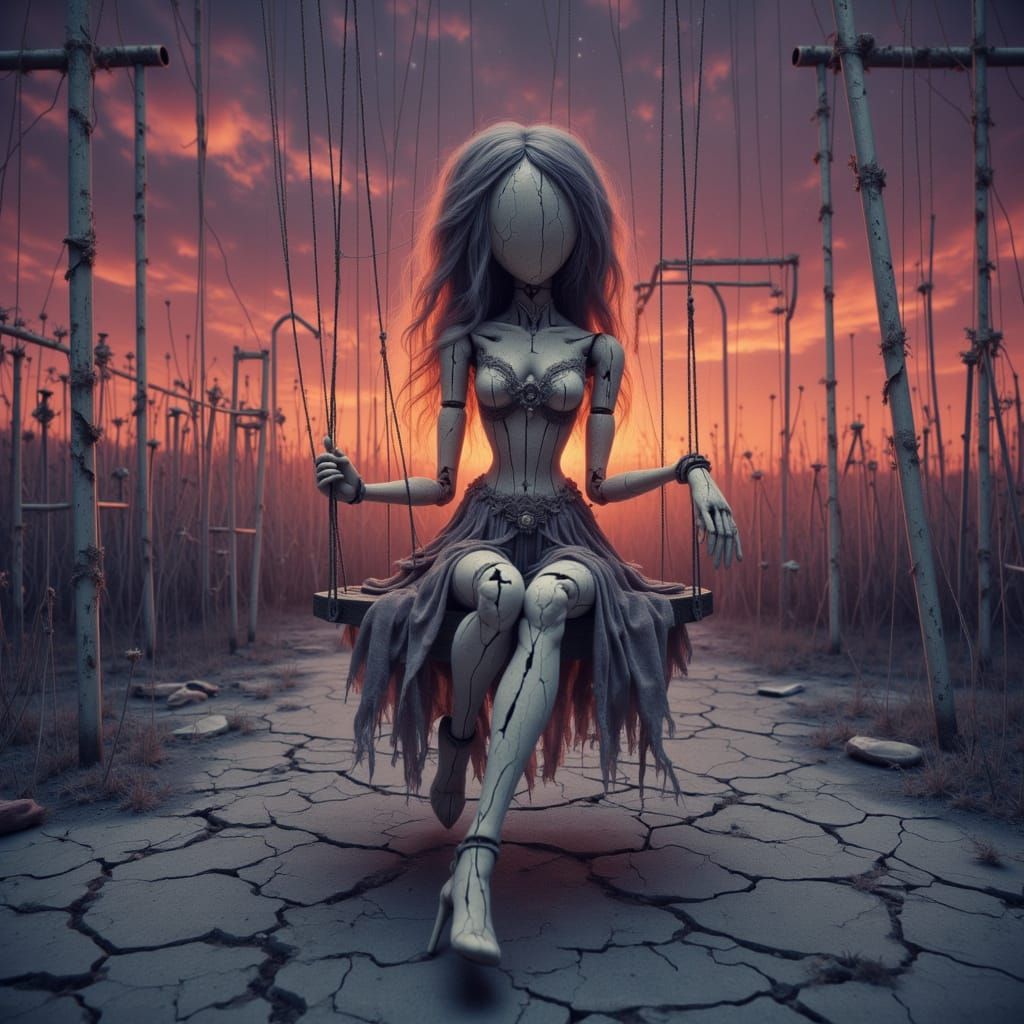 Haunting Porcelain Doll in Overgrown Amusement Park at Dusk
