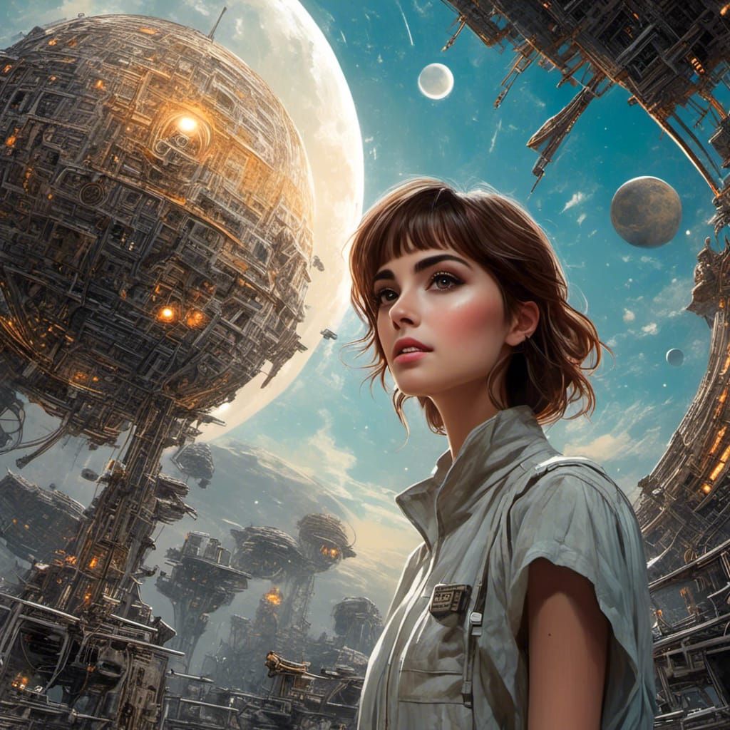 waist-up portrait of <lora:Sarah:1.0>, face visible, visiting the moon, fantasy planet, futuristic spacecraft in the bac...