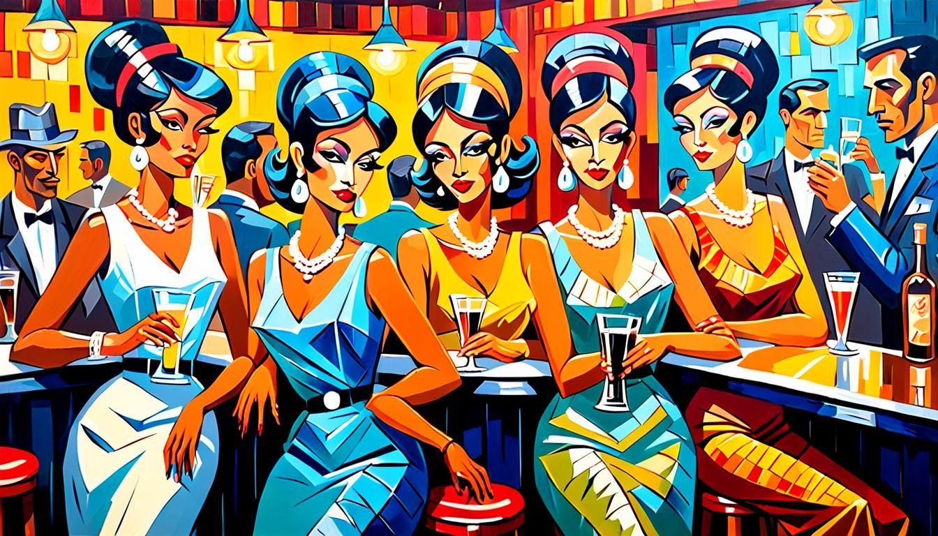 Cuban Women in Jazz Bar, Neo-Cubism Art Deco