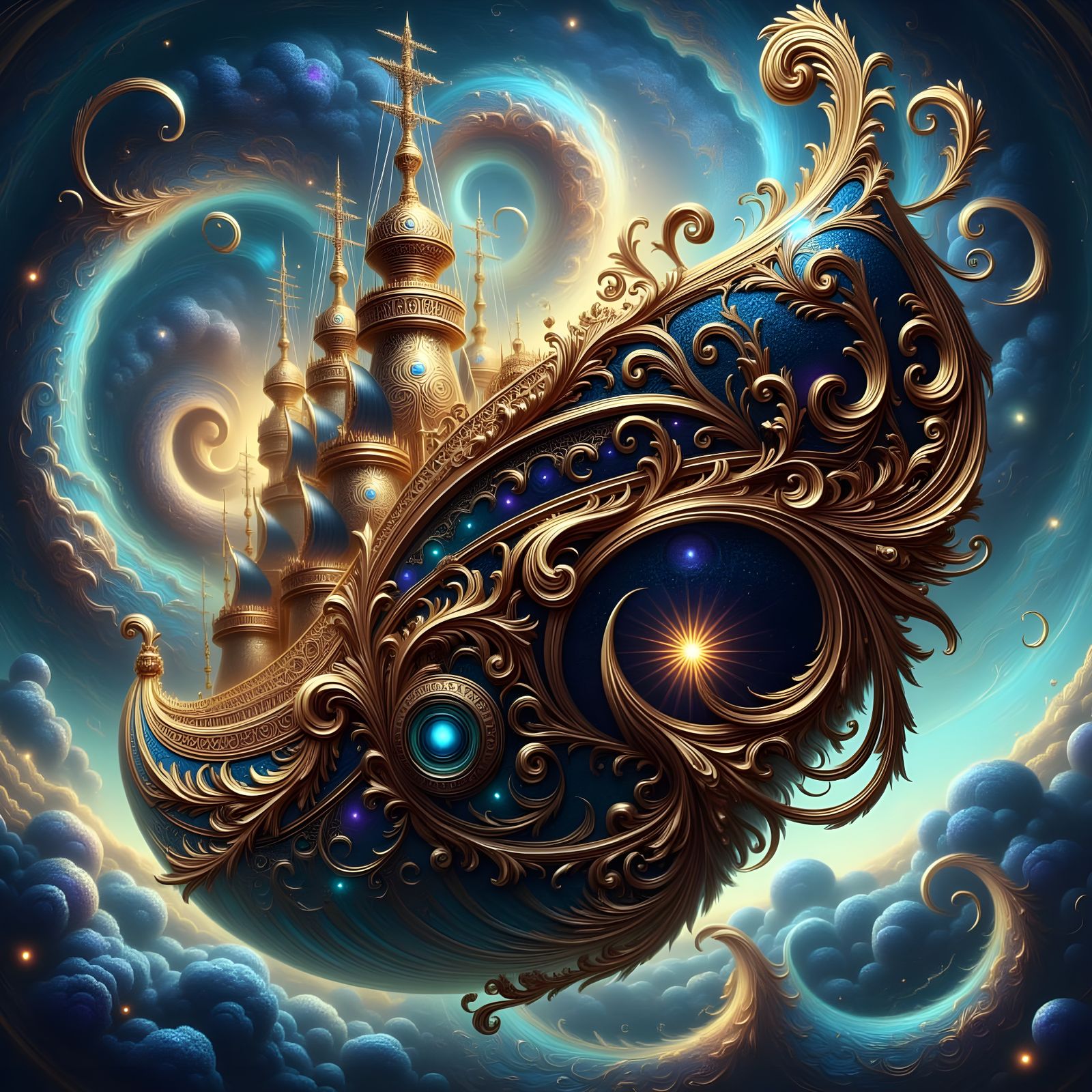 Opulent Golden Nebula Ship Swirling Through Galaxies