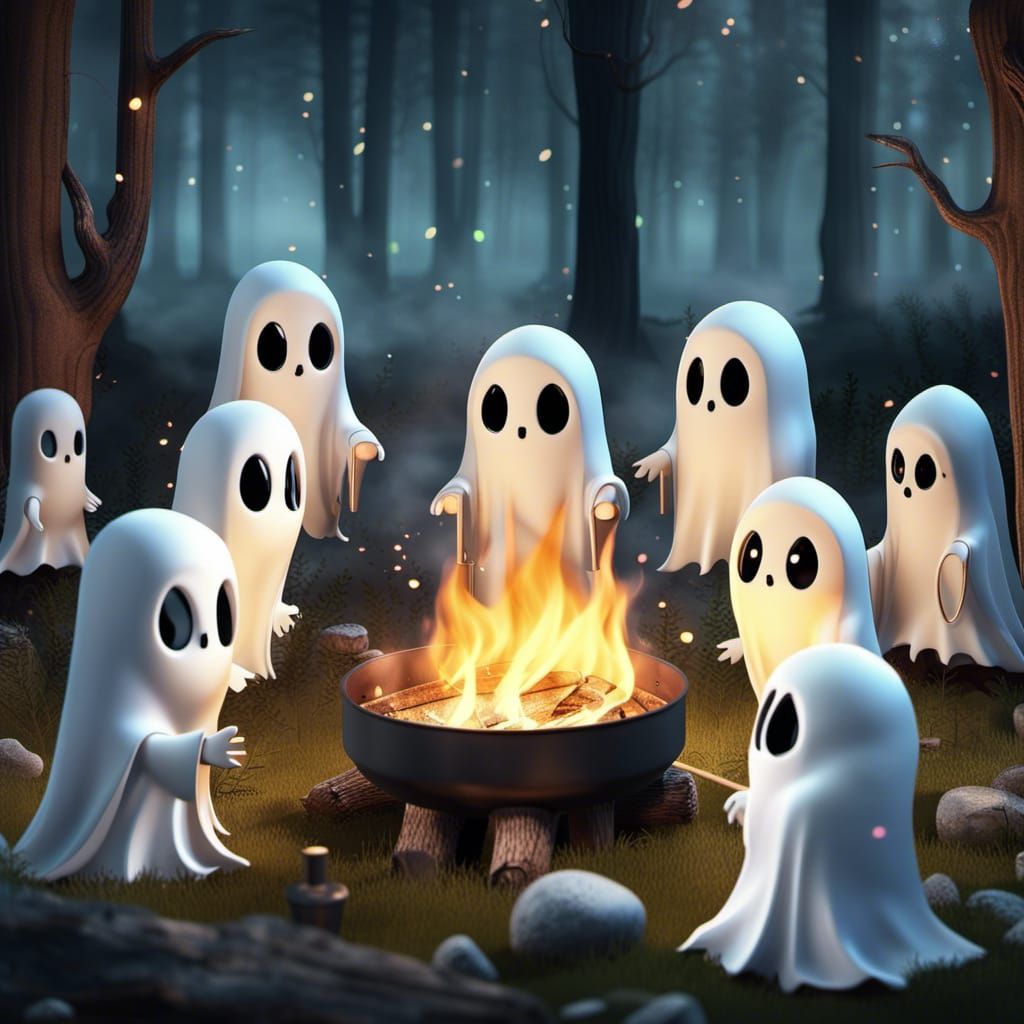 Chibi Ghosts Toasting Marshmallows in Mystical Forest