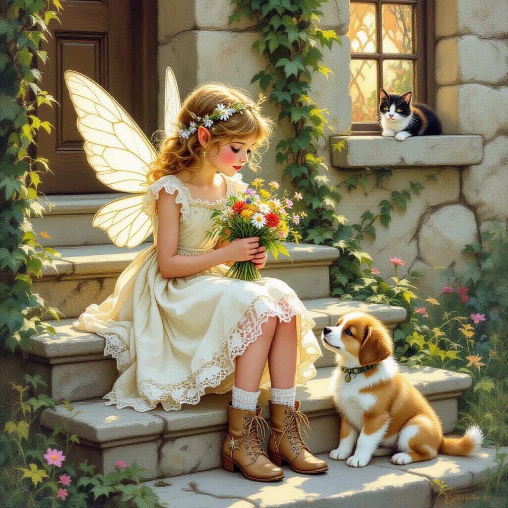 Victorian Fairy with Puppy and Cat