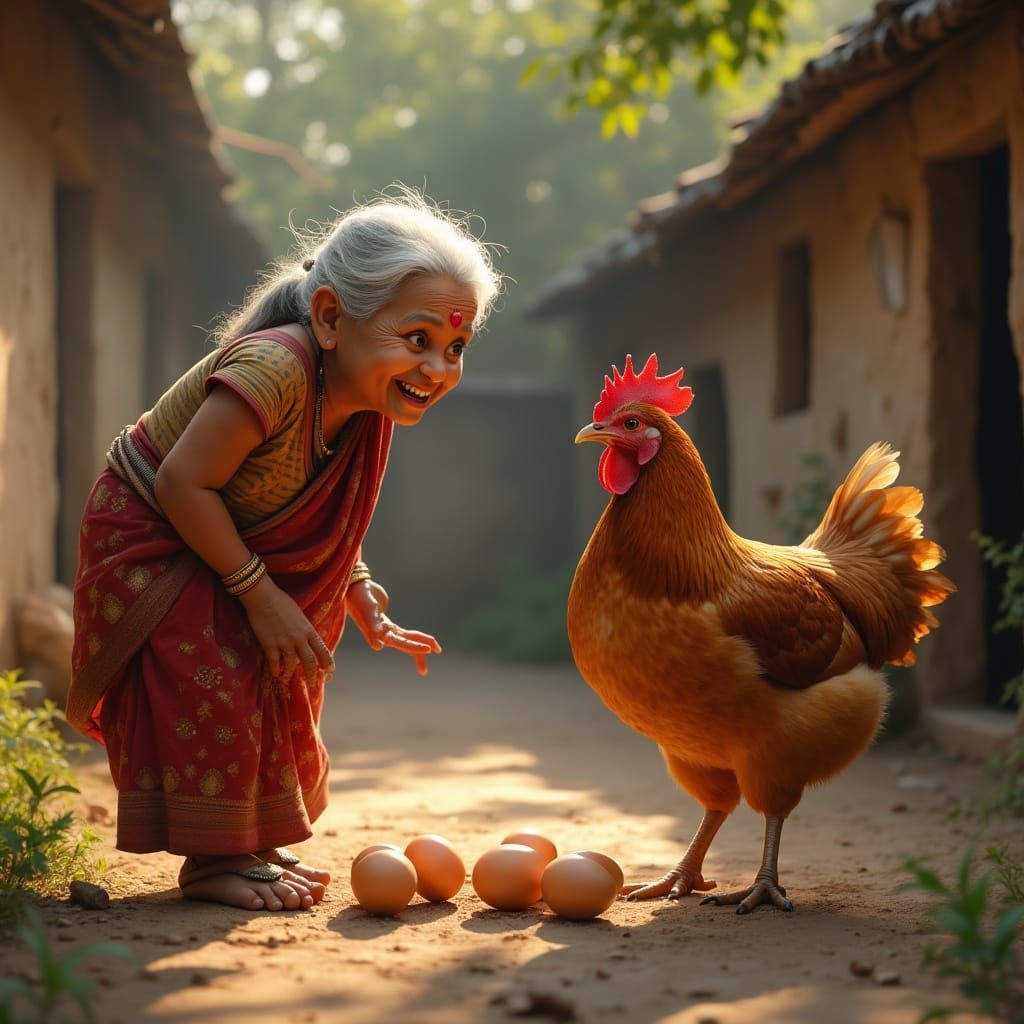 Grandmother Amazed by Giant Hen Laying Eggs in Village Court...