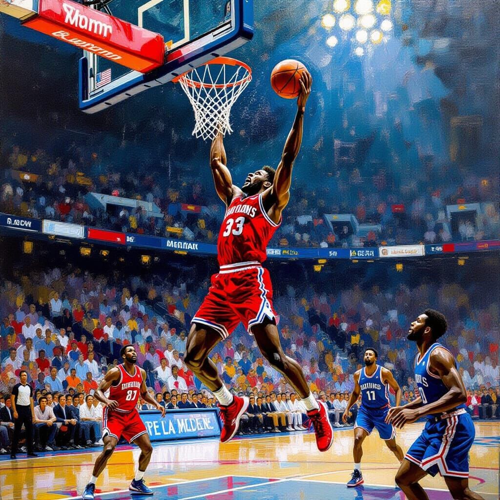 Intense Basketball Player Slam Dunking, Impressionistic Styl...
