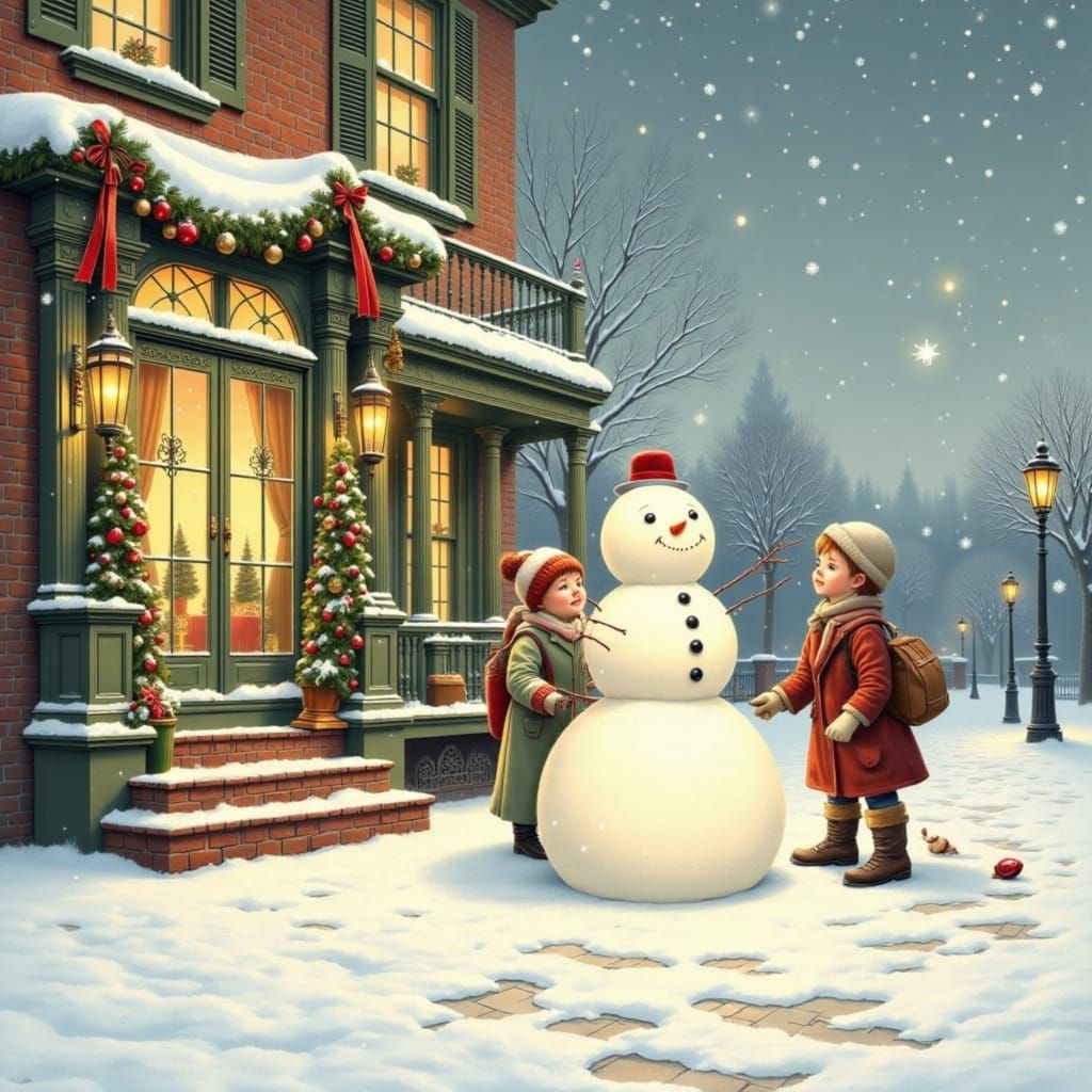 Children Building Snowman by Victorian Mansion