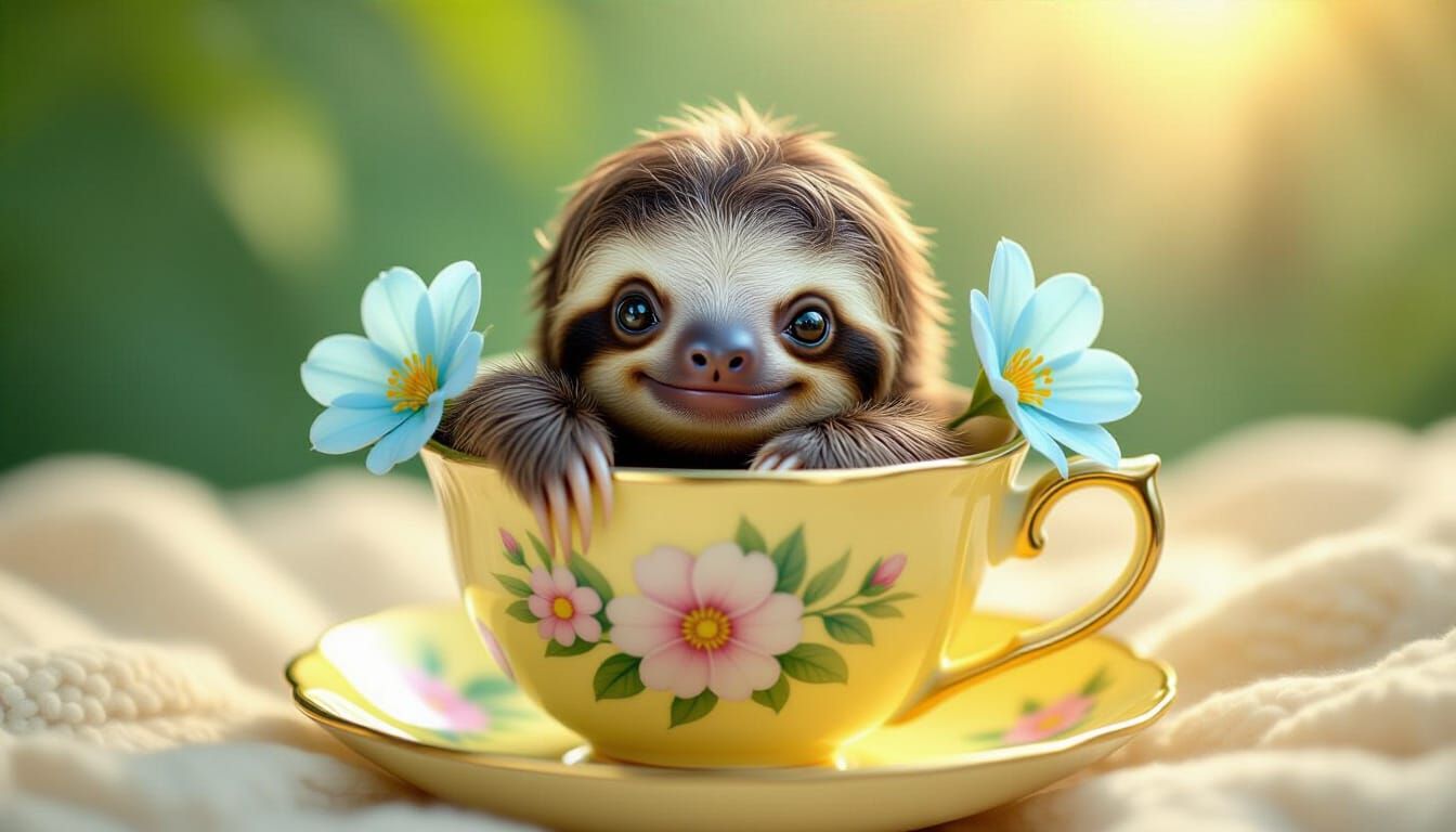 Baby Sloth Napping in Floral Teacup