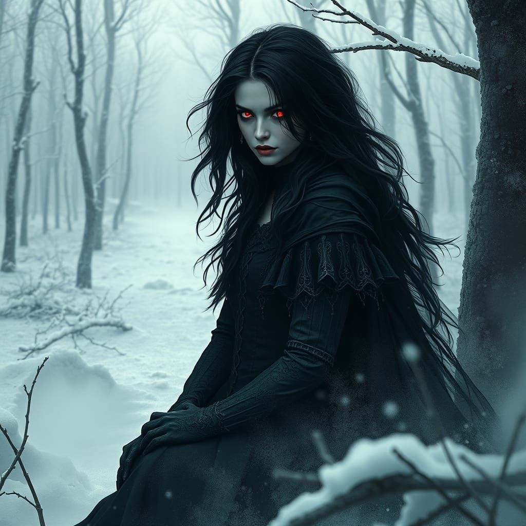 Mysterious Sorceress in Snow-Covered Forest: Gothic Fantasy