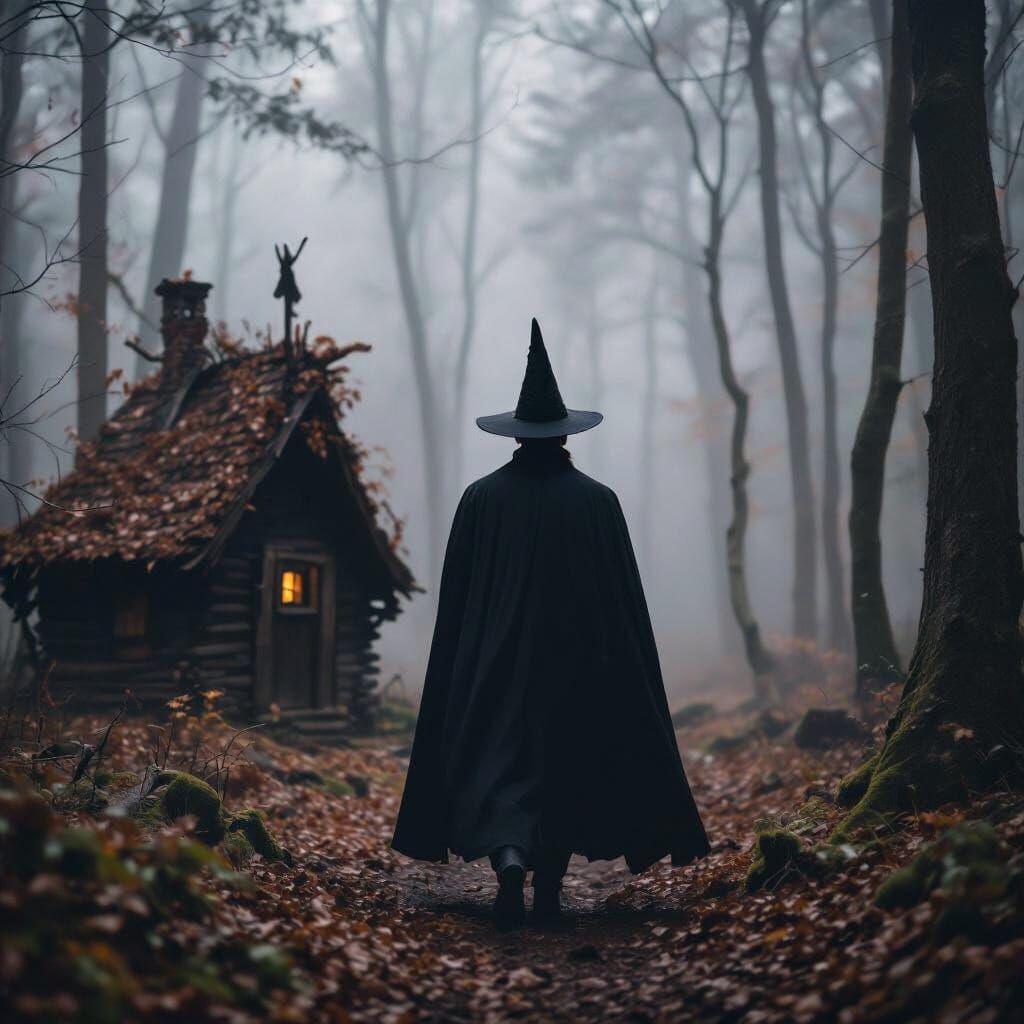 Sorcerer in Foggy Forest Approaching Crooked House