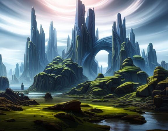 Futuristic Landscape Sculpture Under Thunderstorm in Matte P...