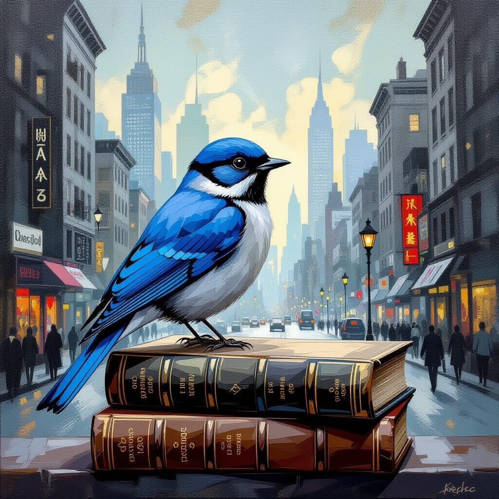 Blue Bird on Antique Book in Cubist Cityscape
