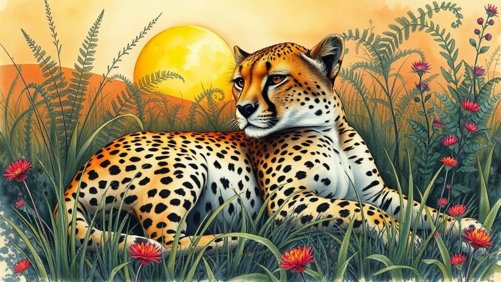 Cheetah in Whimsical Watercolor Landscape