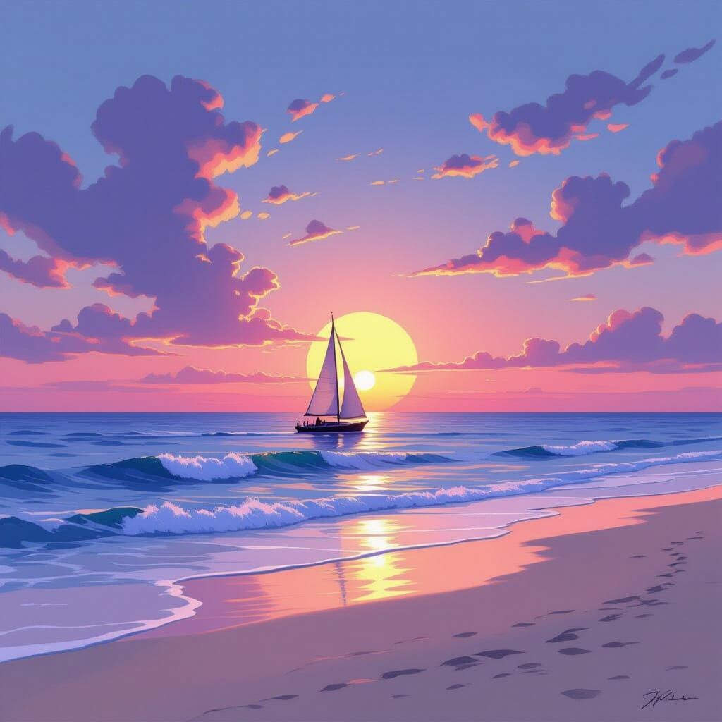 Twilight Seascape in Romantic Art Deco Style