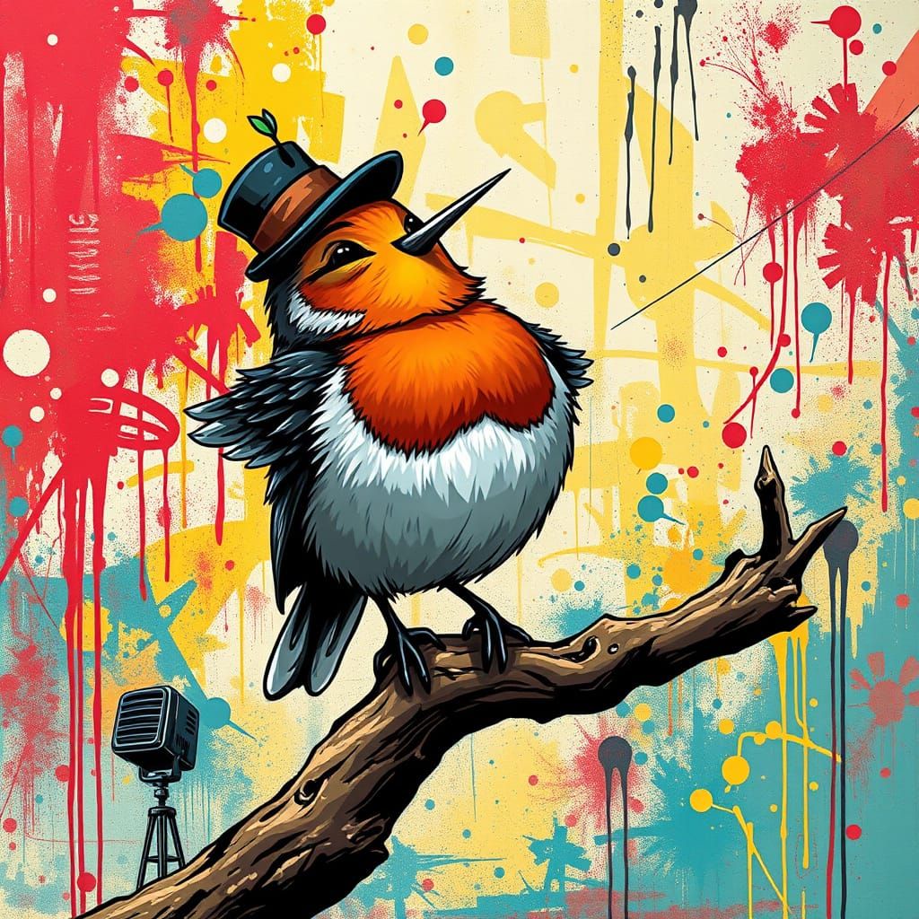 Cartoon Robin Sings in Graffiti Street Art Style
