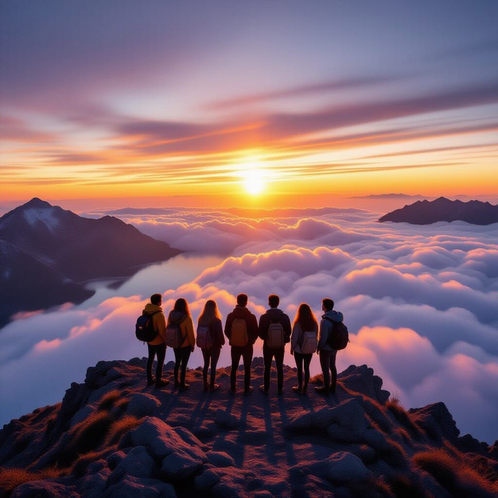 Sunrise Mountain Vista Over Clouds and Lake