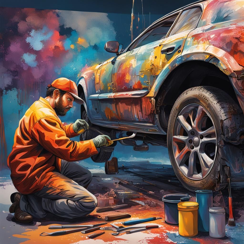 Hyperrealistic Mechanic Working Underneath Car with Tools
