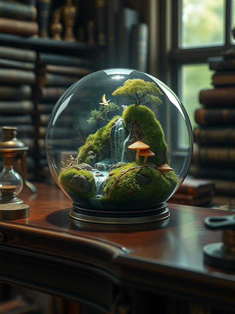 Miniature Ecosystem in Glass Orb, Art Nouveau Style