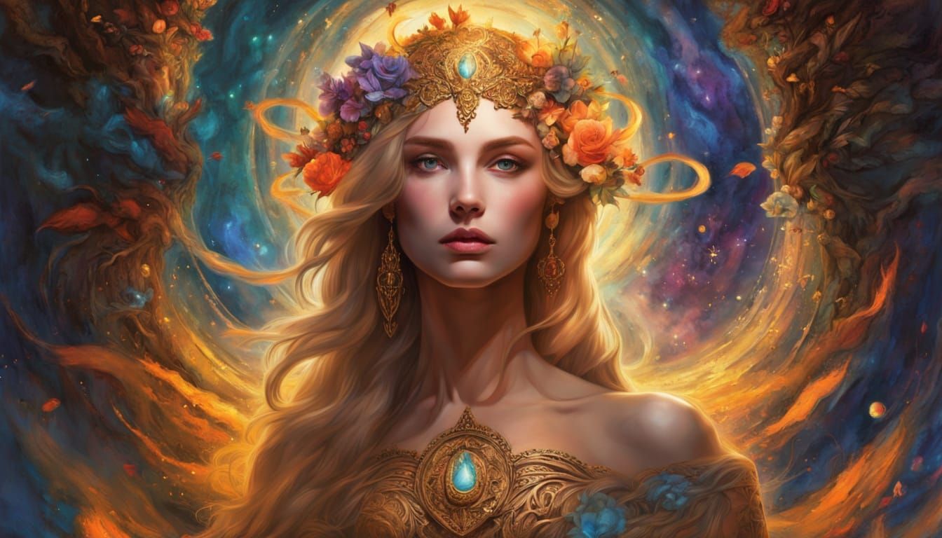 Gothic Sorceress Surrounded by Saints and Angels