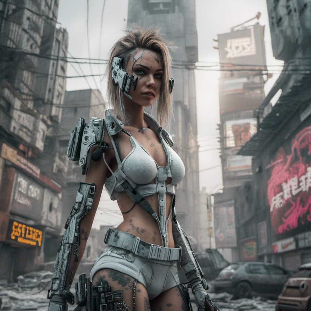 Cyberpunk Warrior in Abandoned City, Hyperrealistic