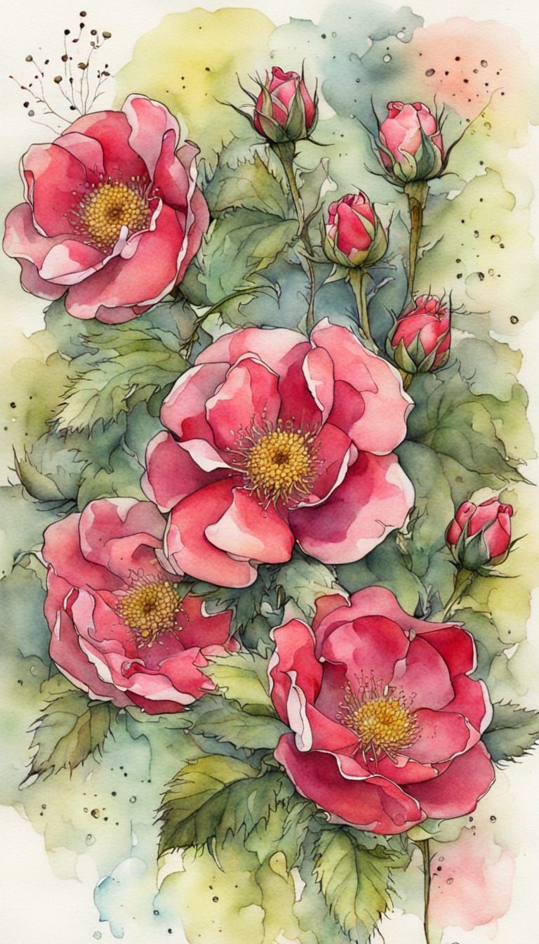 Vibrant Wild Roses in Whimsical Watercolour Ink Style