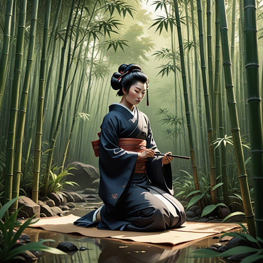 Geisha Practices Calligraphy in Bamboo Garden as Sumi-e