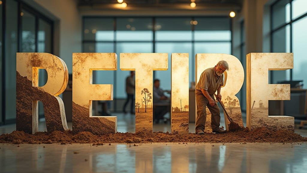 Haggard Workers Behind 'RETIRE' Letters, Gritty Realism