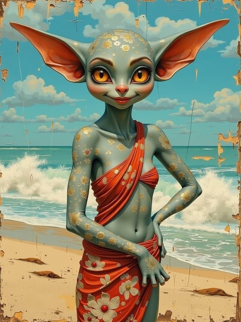 <lora:Asperam Coelo:1.0> in the style of naive art, oxidized metal, corrosion :: smiling goblin with long elf-ears, blue...