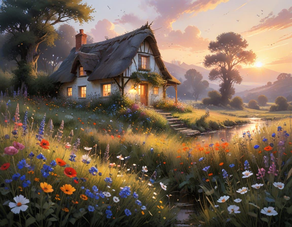 Charming Cottage in Wildflower Meadow, Watercolor Style