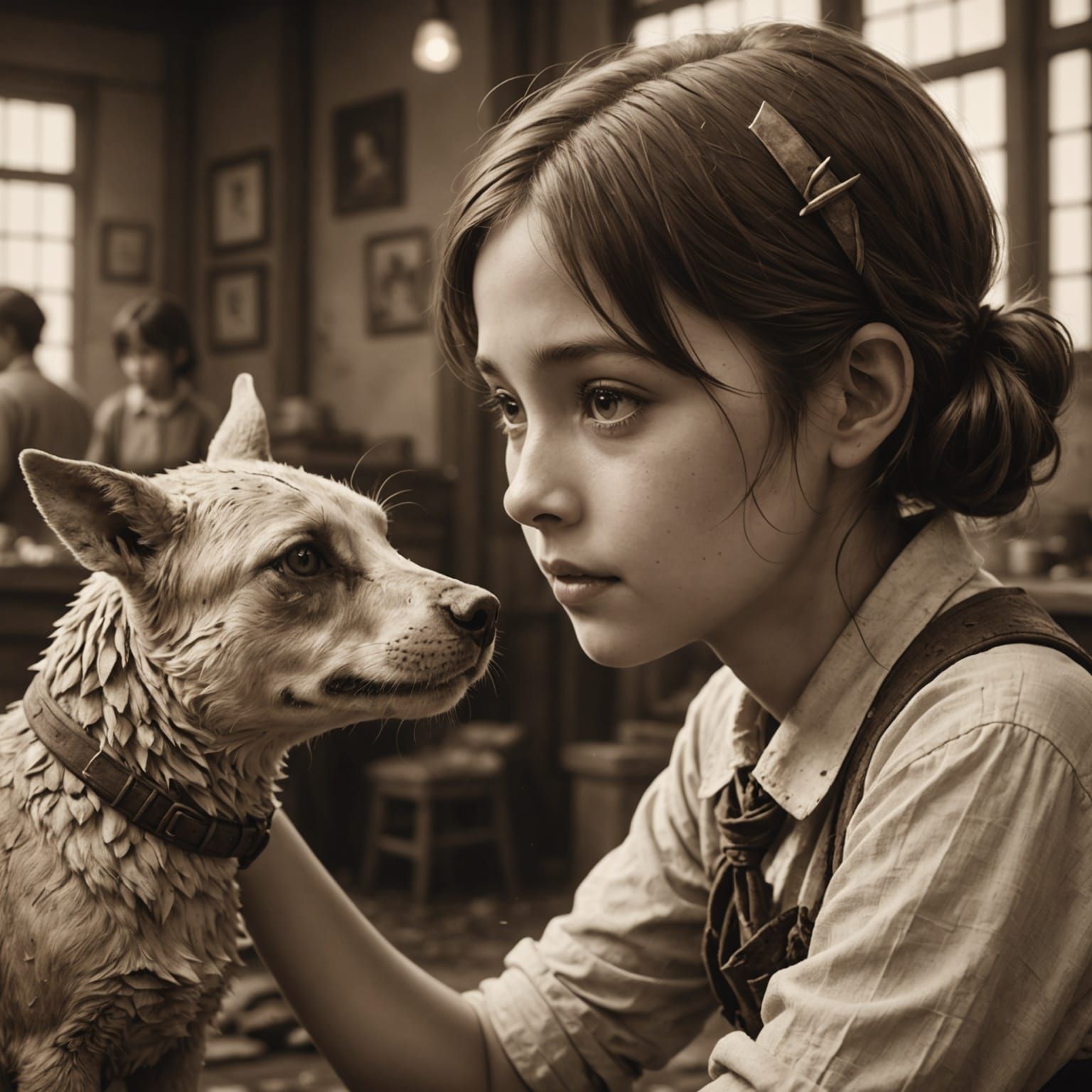 Girl Gazes Lovingly at Disgusting Animal in Vintage Sepia Ph...