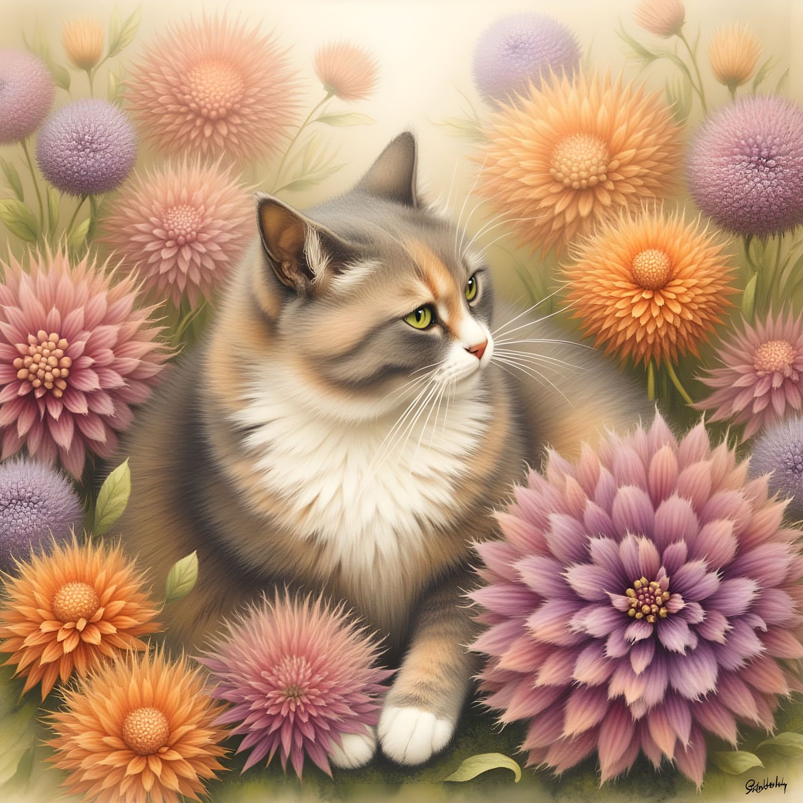 Tiny Pearl Cat Amidst Frilly Flowers