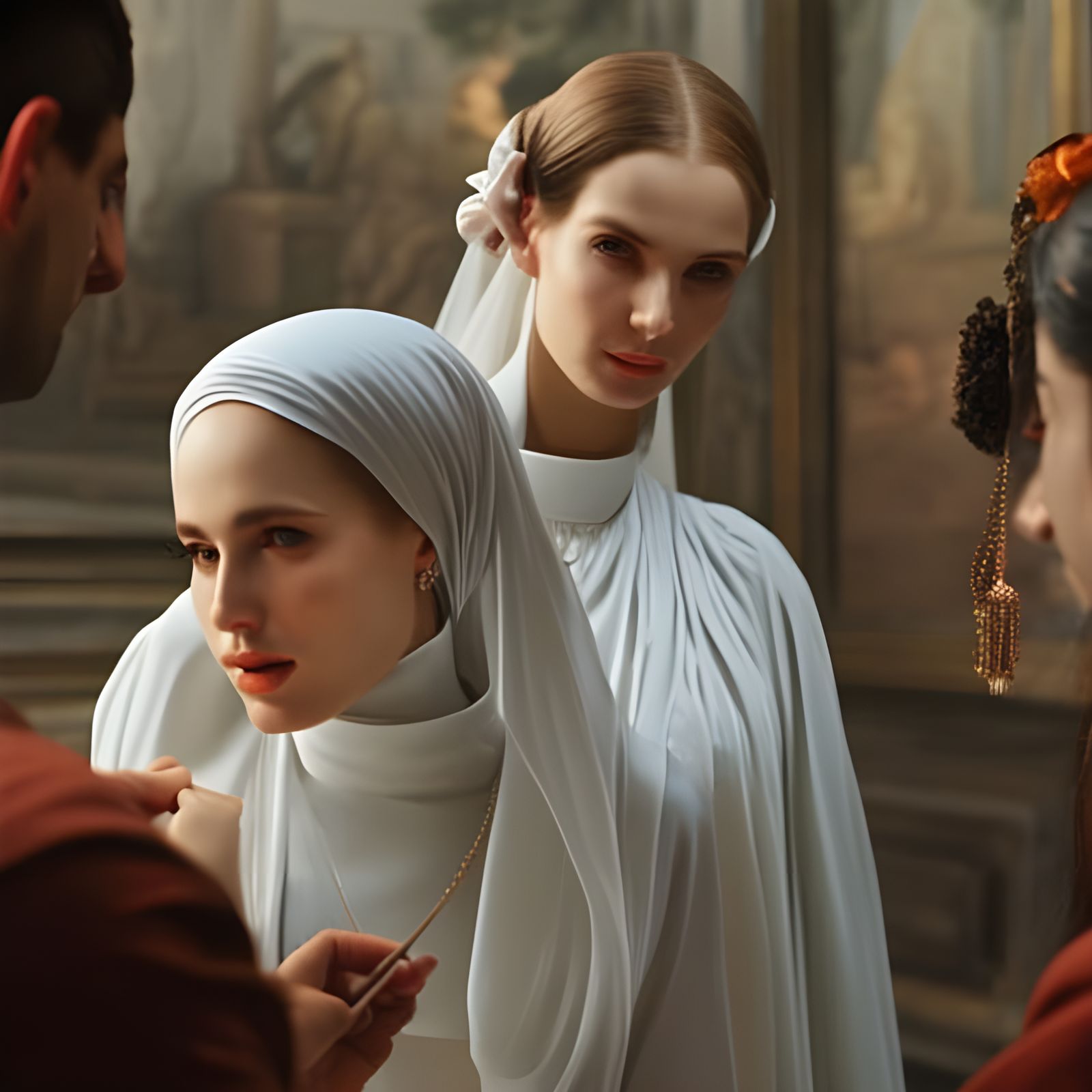 Renaissance Women Chat Over Coffee, Detailed Painting