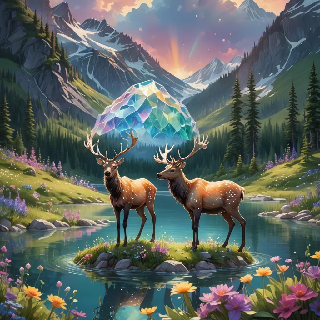 Iridescent Crystal Elk at Mountain Lake: 3D Digital Art