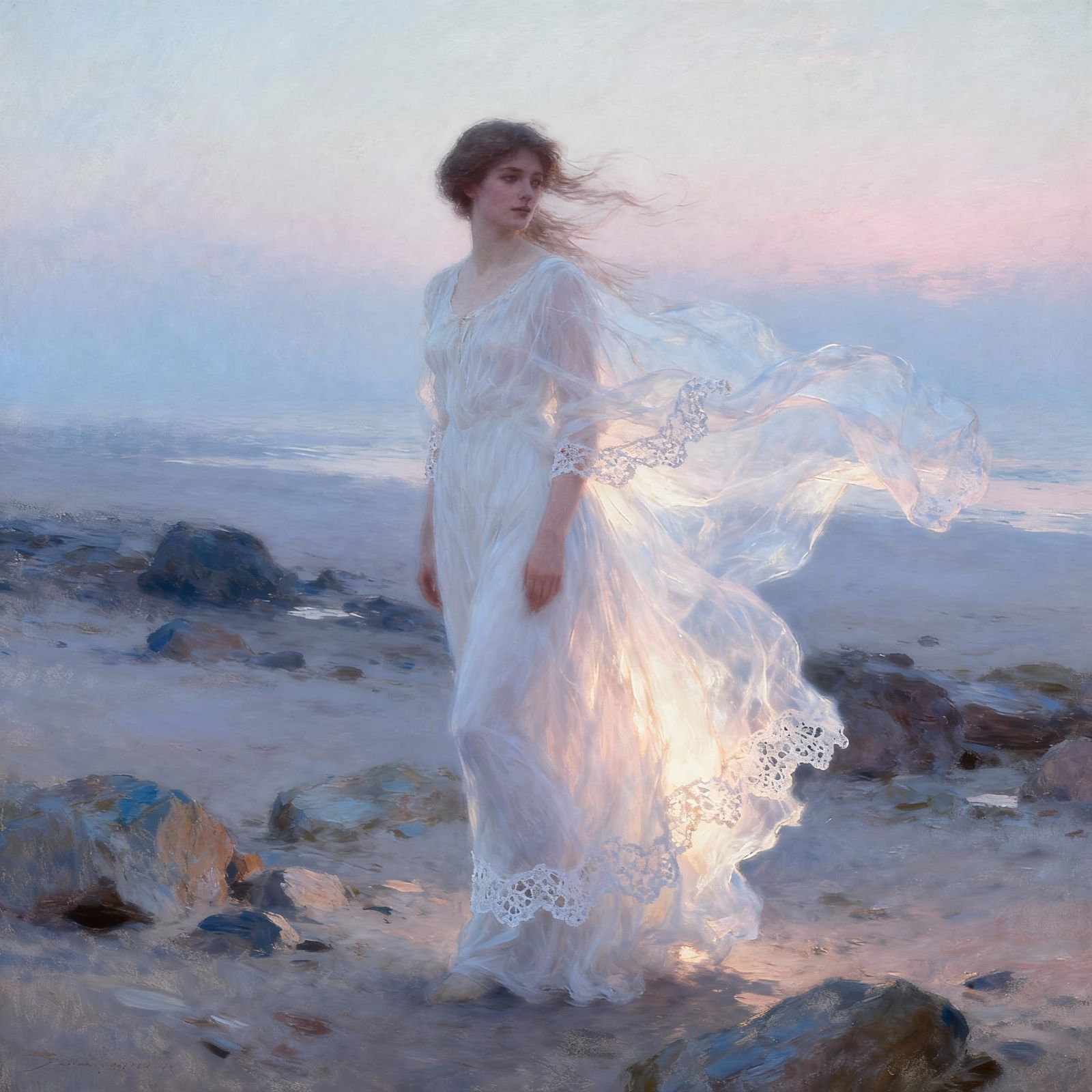 Ethereal Woman in Gauzy Dress at Dawn Shore