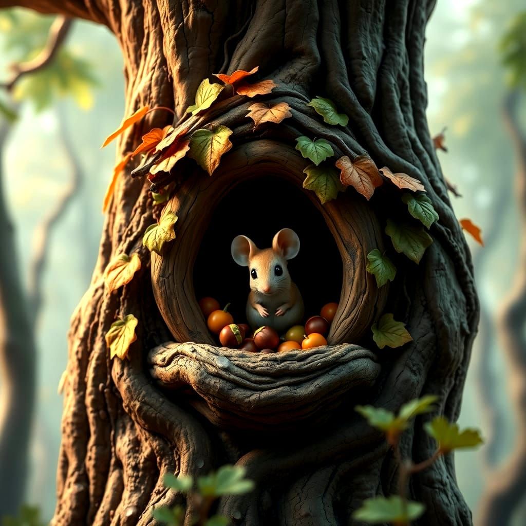 A Tiny Mouse in a Whimsical Treehouse Oasis