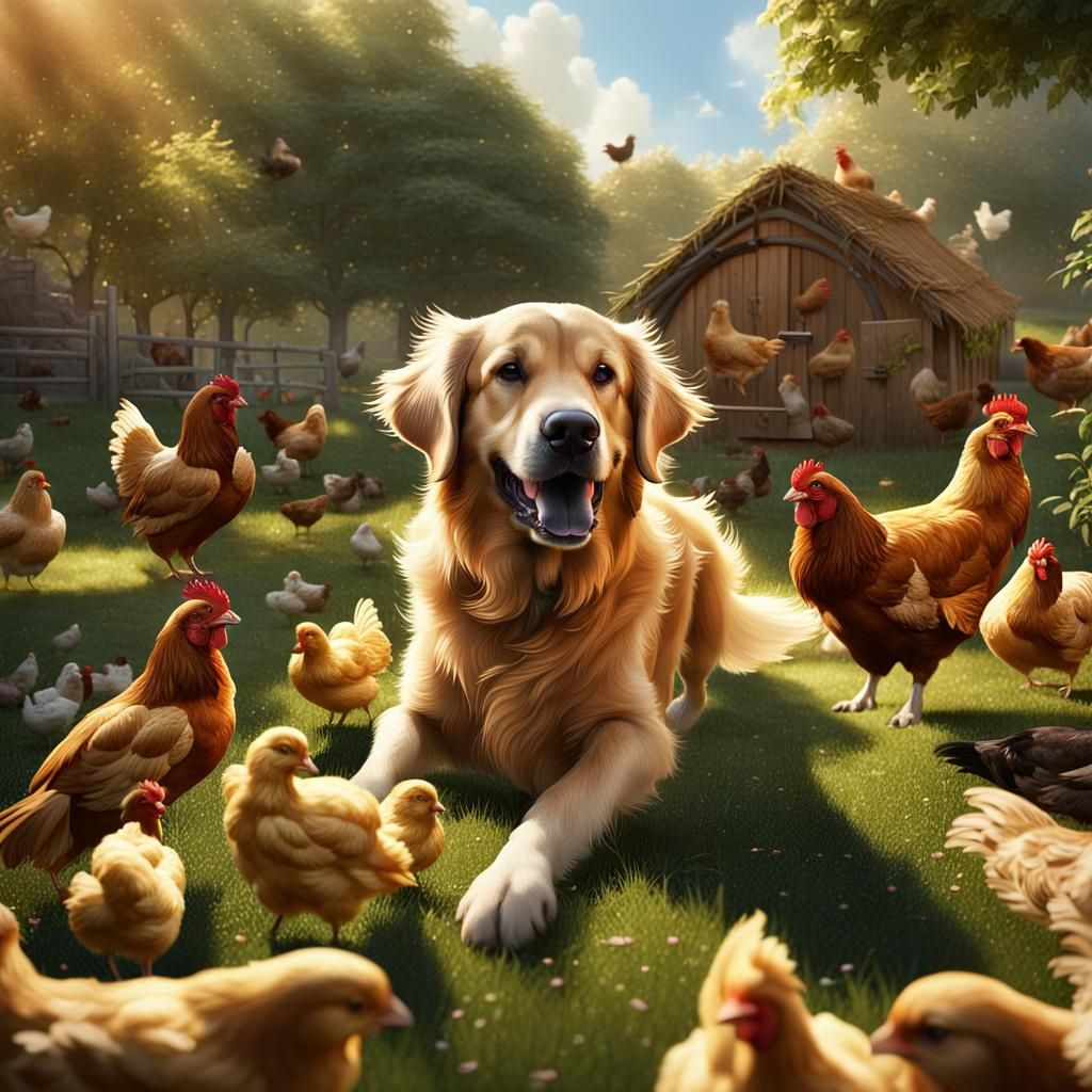 Golden Retriever and Chickens in Sunlit Garden
