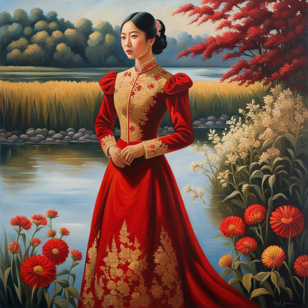 Expressionist Painting of Woman in Victorian Dress