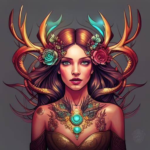 Steampunk Indian Princess of Antlers: Digital Art