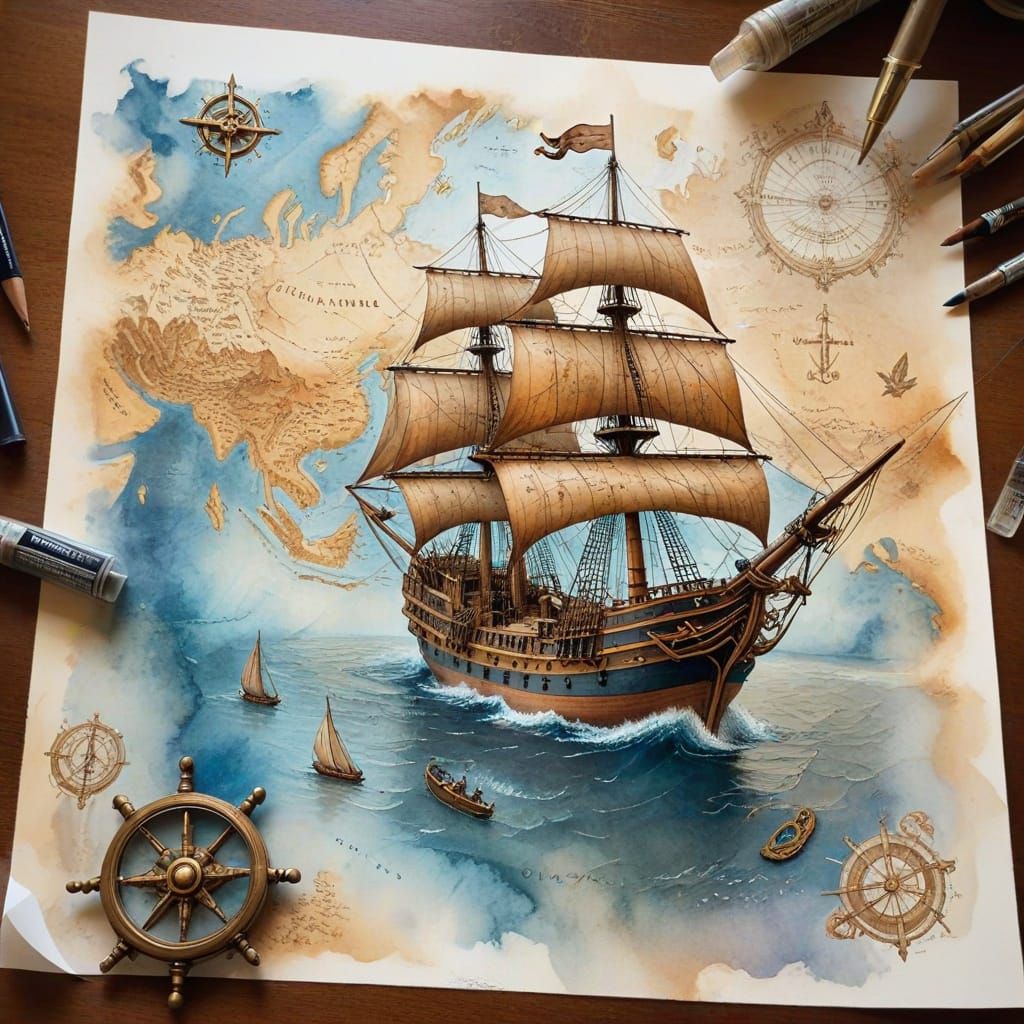 Ethereal Fantasy World Map with Sailing Ship