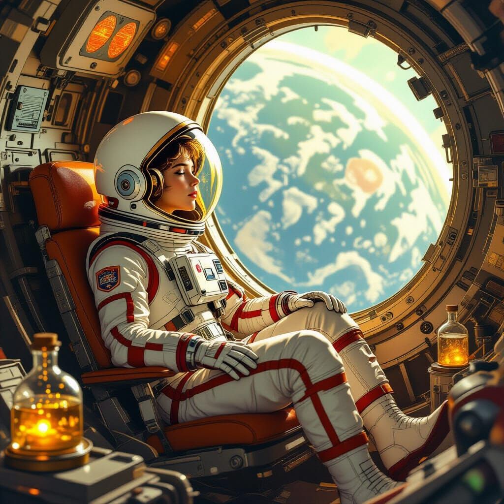 Elf Astronaut Gazing at Earth in Art Nouveau Style