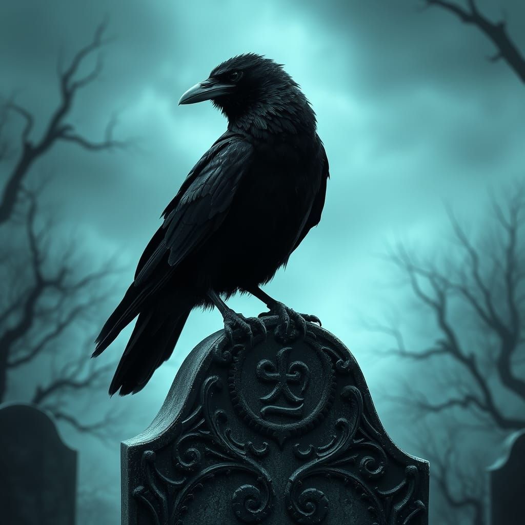 Eldritch Raven Perched on Weathered Gravestone
