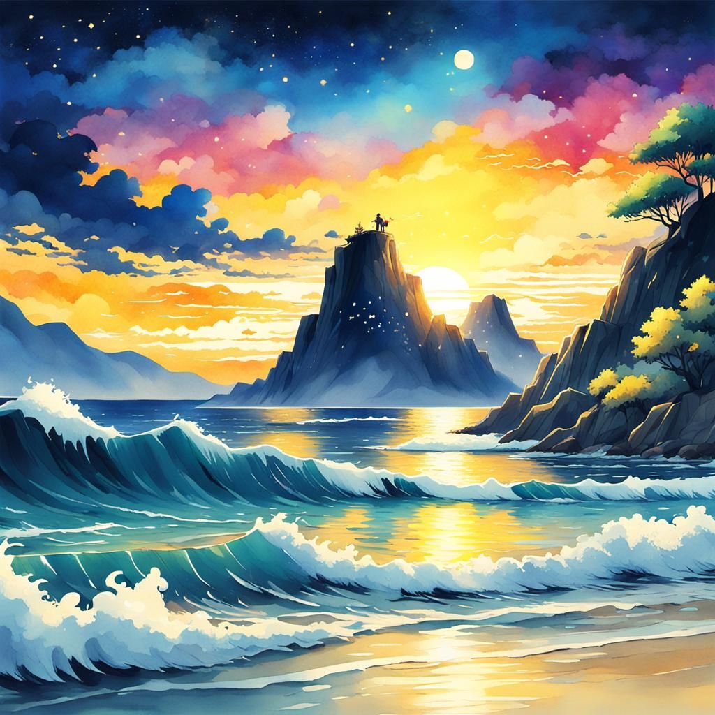 Anime Sunrise Over the Sea in Watercolour Style