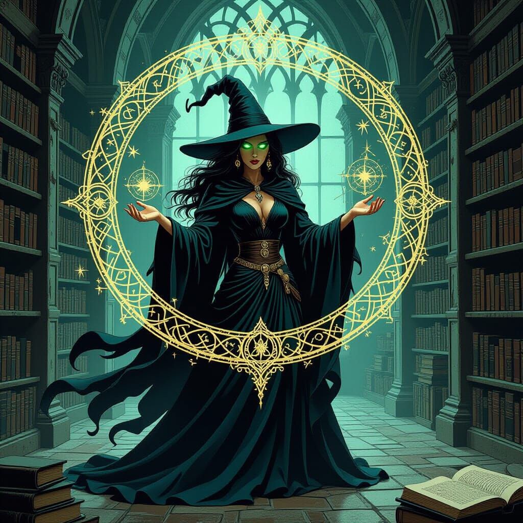 Mysterious Witch Conjuring Magic in Ancient Library