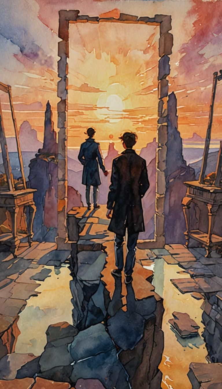 Figures on Cliff Edge in Gouache Watercolor Style