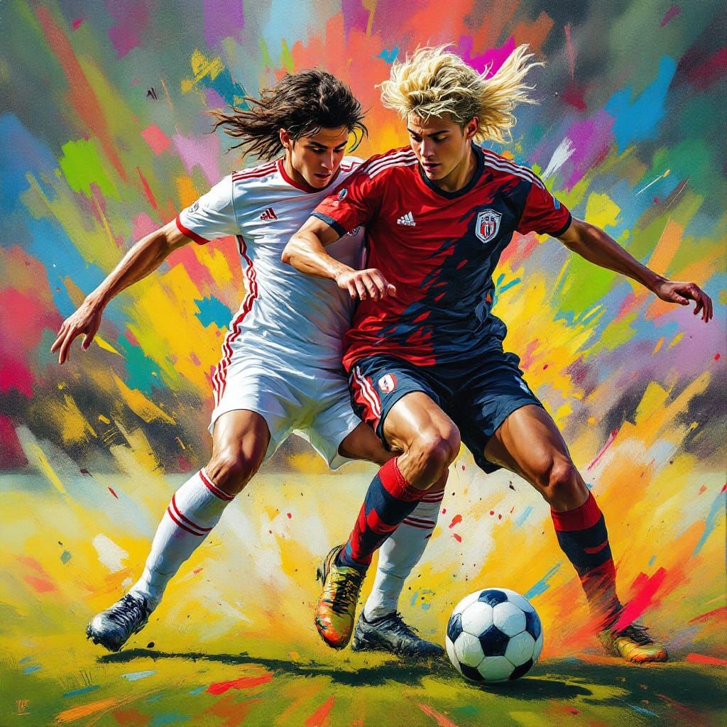 Hyper-Realistic Oil Painting of Soccer Players in Dynamic Ac...