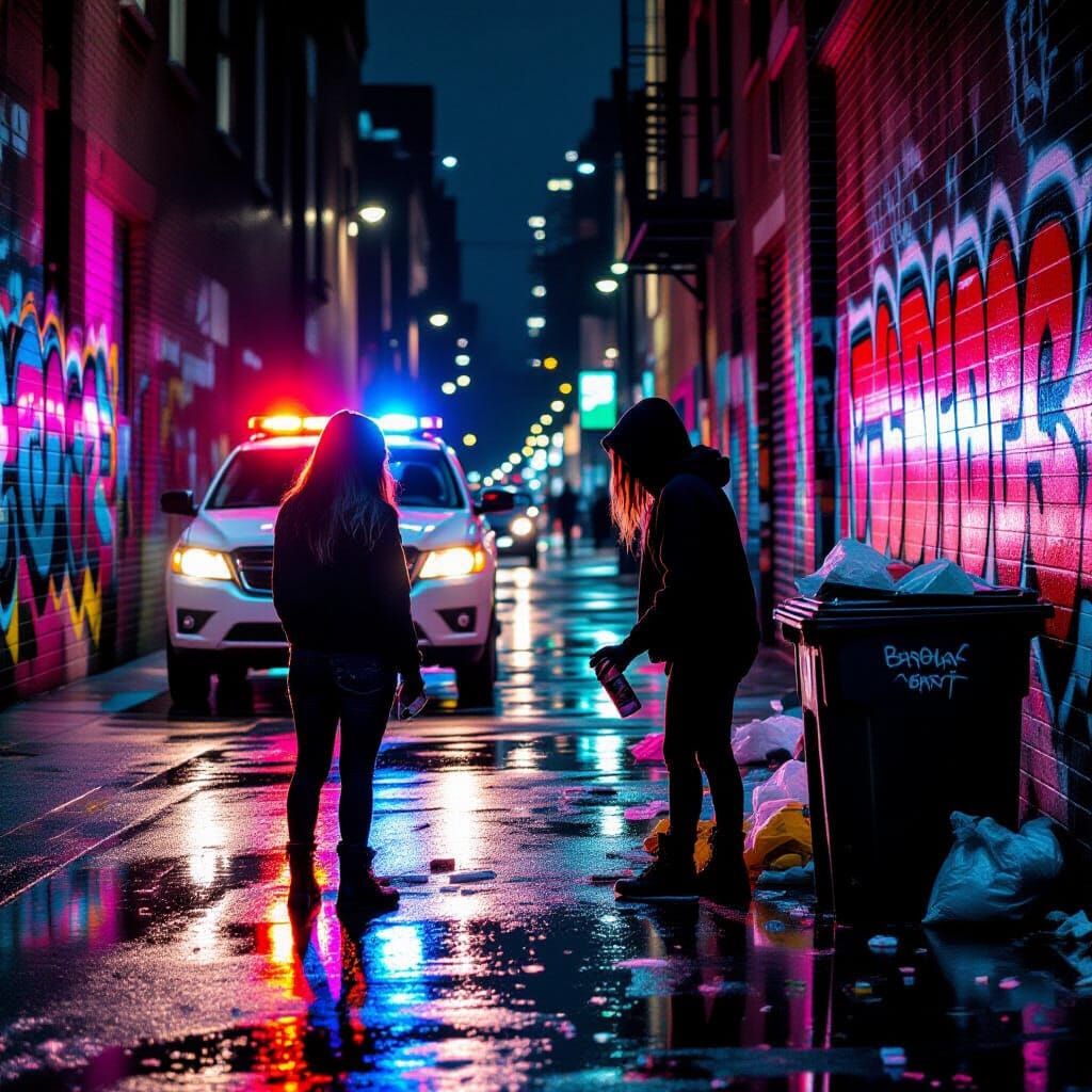 Graffiti Alley: Police Lights Reflecting Urban Art