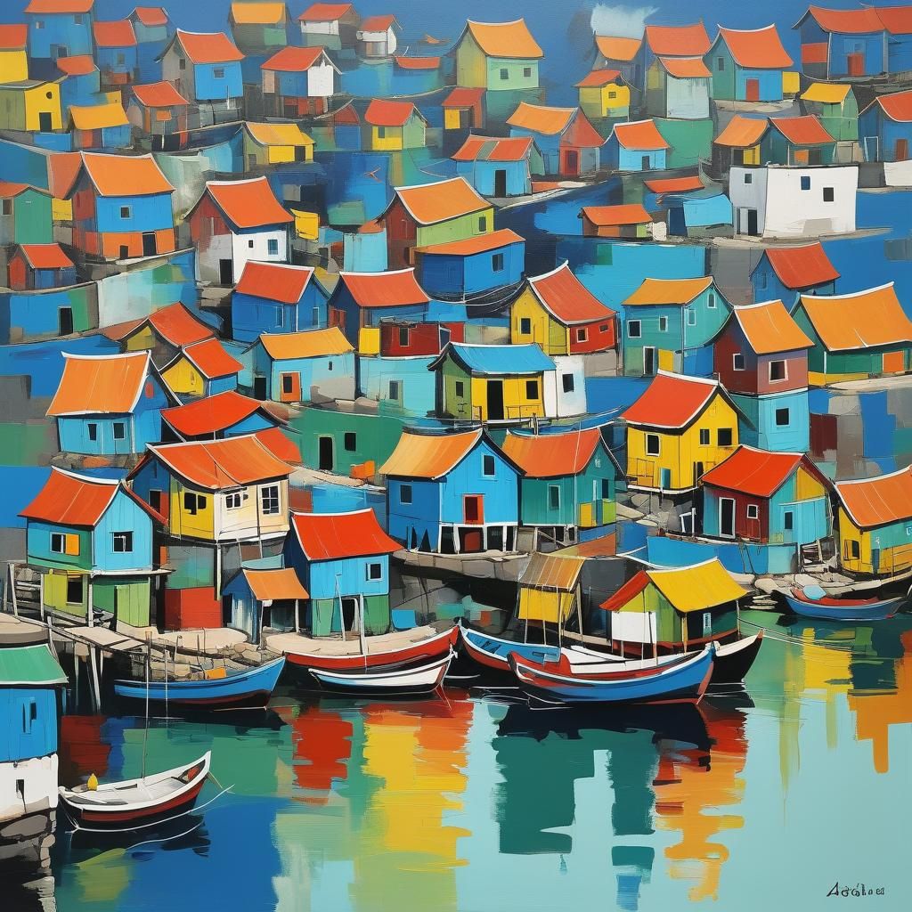 Vibrant Fishing Village in Abstract Style
