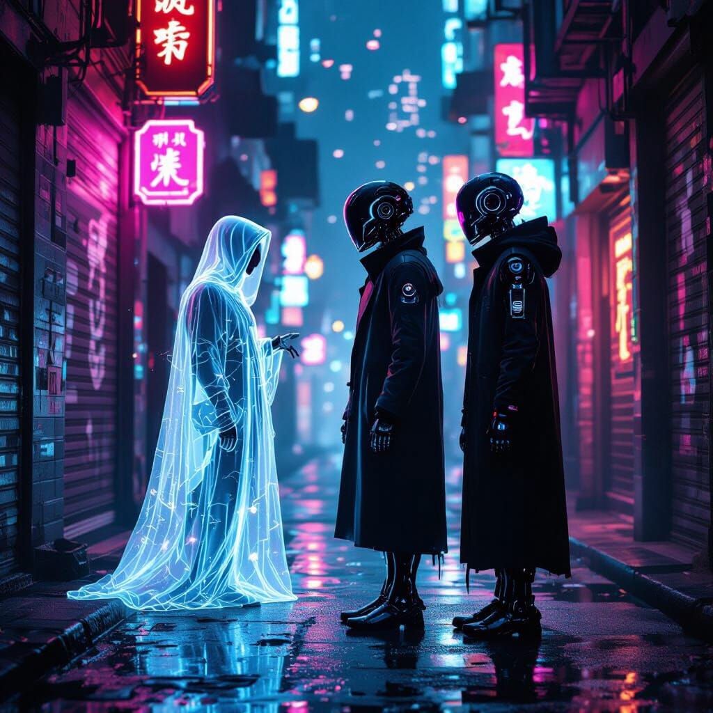 Spirit Whispers to Robot in Neon Alley