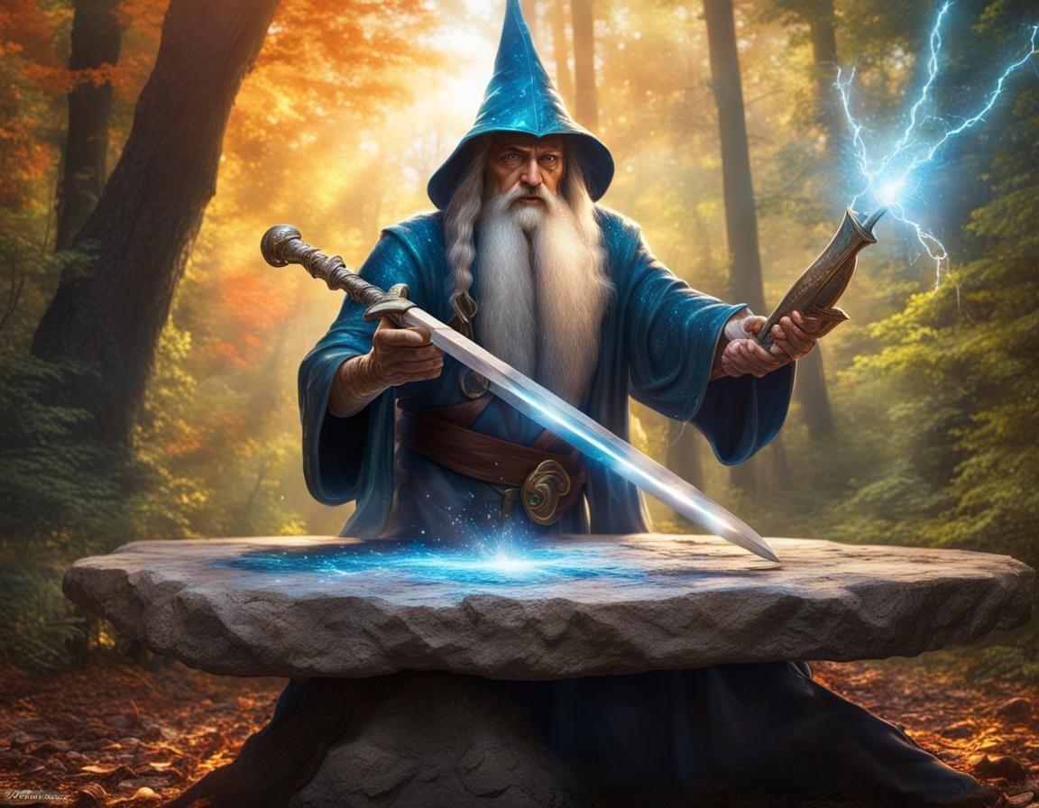 Wizard Enchants Sword with Magic in Hyperrealistic Style