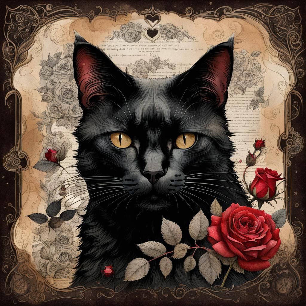 Victorian Valentine with Black Cat in Maximalist Style