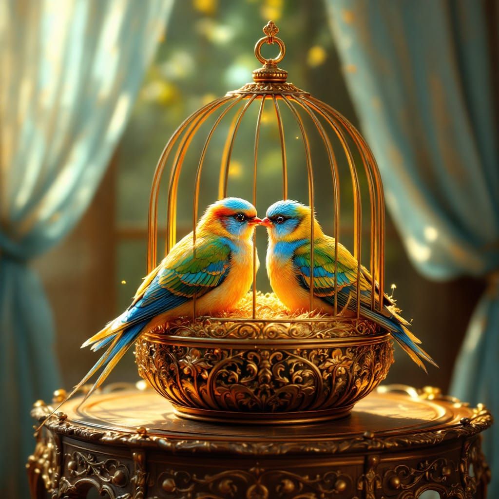 Lovebirds in Golden Cage with Lace Curtains